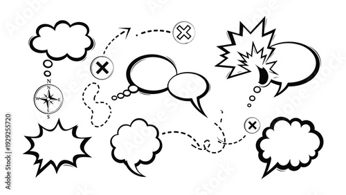 Visual Storytelling Elements: A collection of various hand-drawn speech bubbles and thought bubbles, interspersed with navigational elements such as compasses and directional arrows.