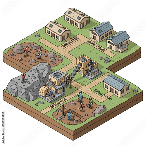 Isometric Village Scene with Buildings and Characters.