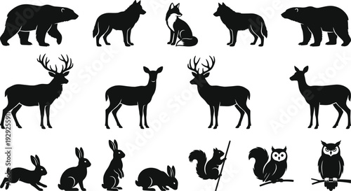 Black forest animal silhouette set featuring bear, wolf, fox, deer, rabbit, squirrel and owl for nature, wildlife, wilderness and woodland theme design projects
