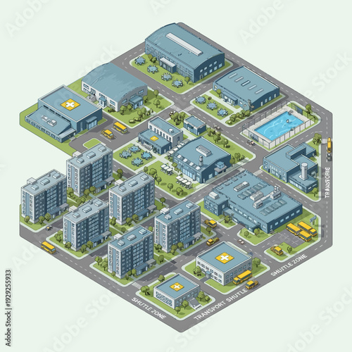 Isometric View of Modern City Buildings Complex.