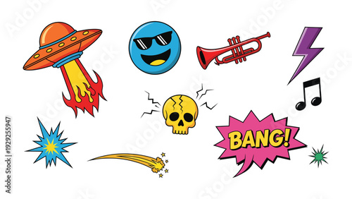 Whimsical Universe: A collection of vibrant cartoon illustrations featuring a UFO, emoji with sunglasses, trumpet, lightning bolt, music note, star burst, shooting star, skull.