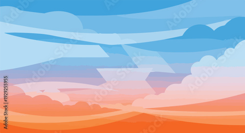 A stylized landscape illustration with layered clouds and vibrant sunset hues