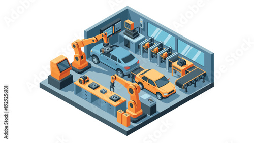 isometric car factory assembly line with robotic arms and modern automation technology