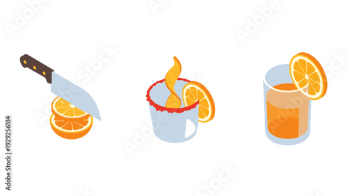 sliced orange fruit with knife and cocktail glass with orange peel and juice in isometric vector style