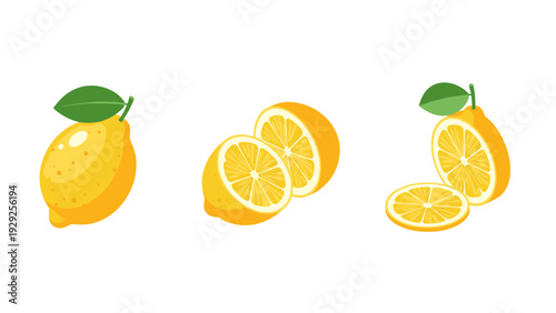 set of hand drawn fresh lemons whole and sliced with leaves isolated on white background illustration