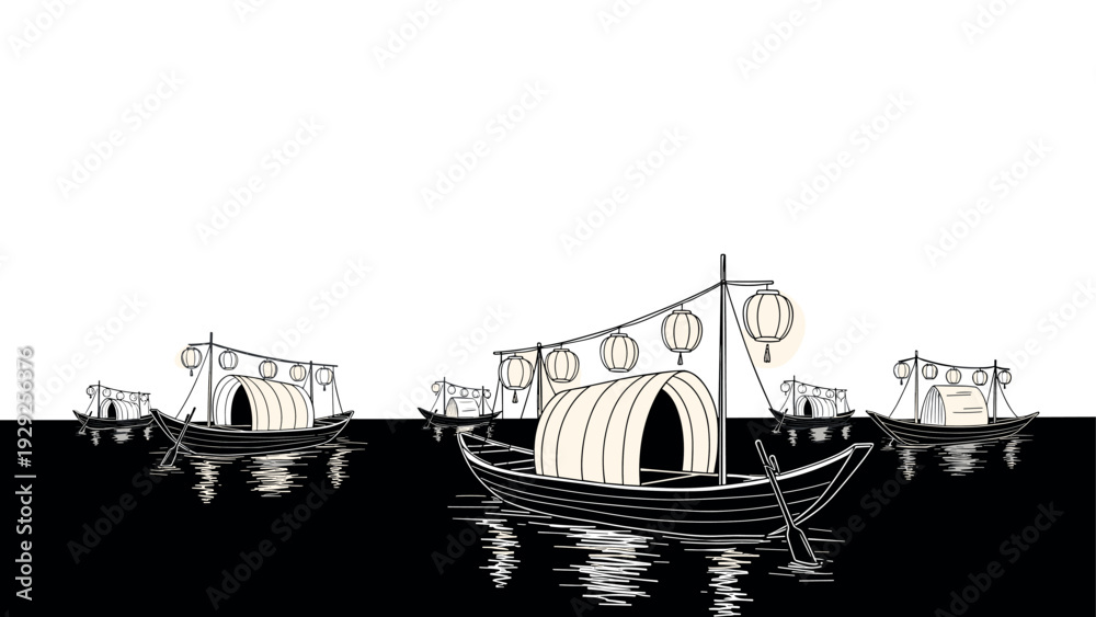 Fototapeta premium traditional asian boats with lanterns on water hand drawn black and white illustration