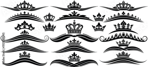 Black crowns and ornate swirls on white background royal crests 1
