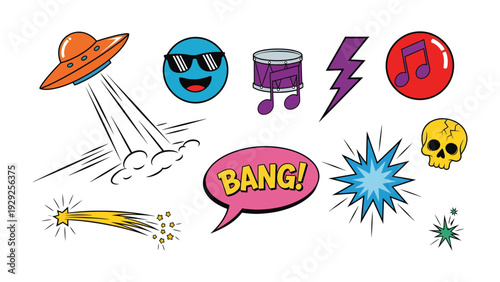 Pop Art Elements: A vibrant collage of pop art elements explodes with personality, featuring a quirky array of icons like a UFO, cool emoji, musical note, drum, lightning bolt and comic book bubble.