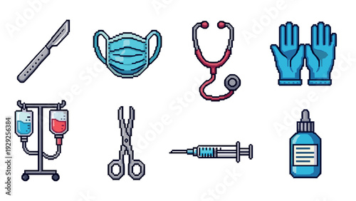 set of pixel art medical tools and equipment icons including scalpel mask stethoscope gloves iv drip scissors syringe and bottle