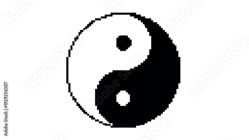 pixel art yin yang symbol icon hand drawn black and white illustration