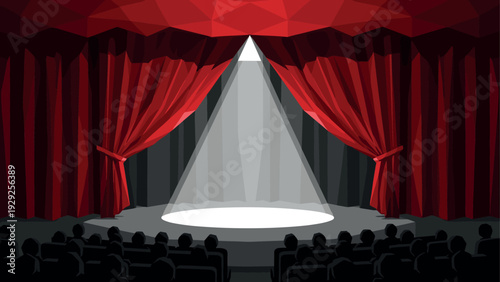 empty theater stage with red curtains spotlight and silhouette audience in flat style for performance and entertainment