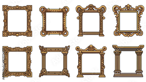 collection of eight hand drawn vintage wooden square frames with ornamental classical designs