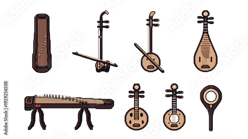 collection of hand drawn traditional asian musical instruments vector icons set