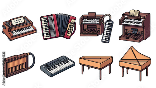 hand drawn collection of vintage and modern musical keyboard instruments illustration