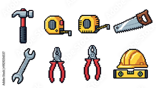 pixel art construction hand tools set hammer wrench saw tape measure pliers hard hat and level in retro style