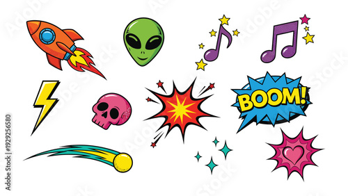 Funky Pop Art Icons: A vibrant assortment of pop art icons, with a cartoonish style, offering a visual feast of creativity and fun. A great set for design projects and concepts.