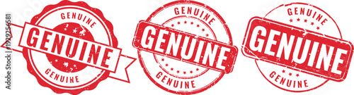 Collection of red genuine rubber stamp vectors in various circular shapes for authentic product quality branding