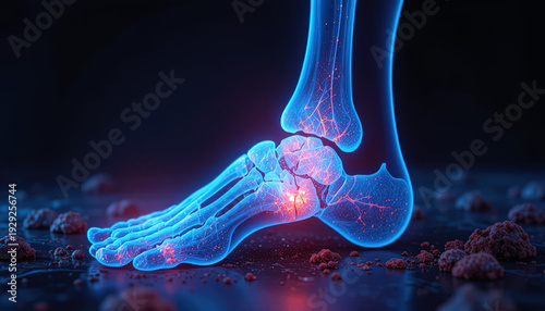 Holographic representation illustrates the inflamed bones and joints within a human lower extremity structure