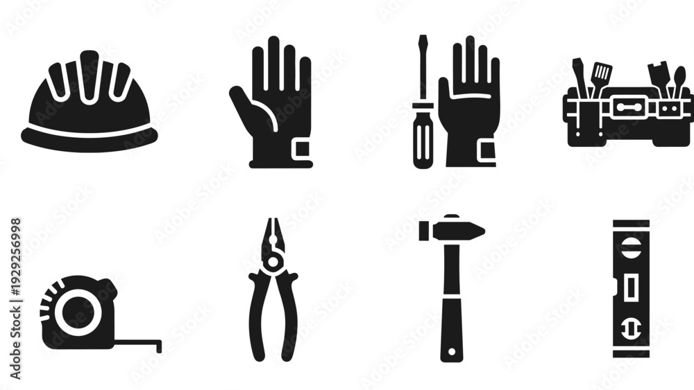 Fototapeta premium construction tools and safety gear icon set in solid black silhouette style for building and repair