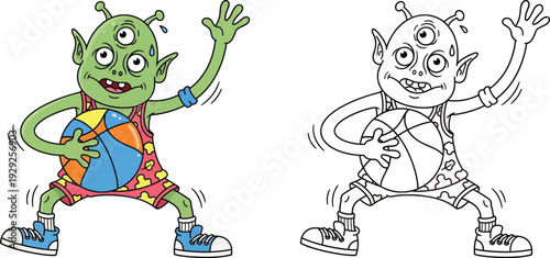 Sweating Cartoon Alien Basketball Player Humorous Sports Character Illustration