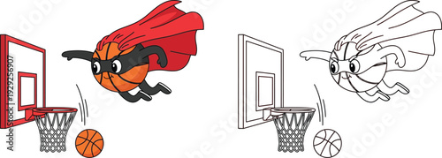 Superhero Basketball Flying Towards a Hoop Dynamic Sports Cartoon Illustration