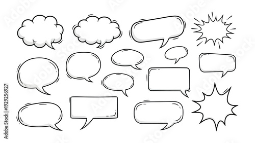 Thought Bubble Collection: A diverse collection of illustrated speech and thought bubbles, capturing different shapes and styles, ready to convey thoughts, ideas.