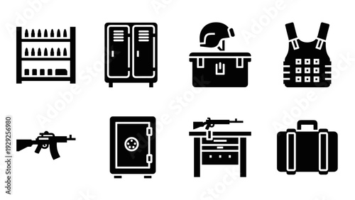 set of black and white silhouette weapon locker gun safe and tactical gear icons