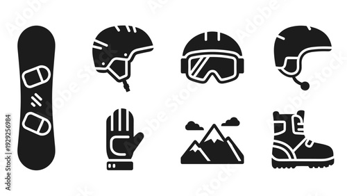 snowboarding equipment icons set with helmet goggles gloves boots and mountain silhouette in black and white vector