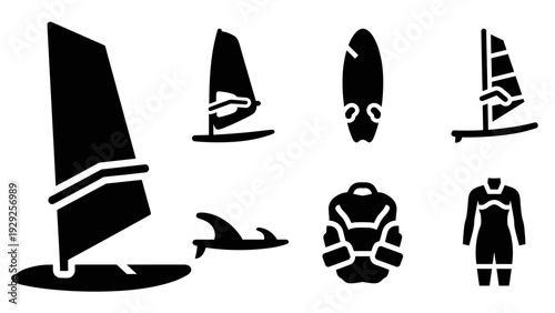 black silhouette set of windsurfing sailboards wetsuit life vest and shark fin icons