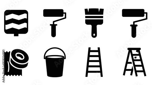 set of painting and decorating tools icons in black silhouette style including paint rollers, brush, bucket, tape, and ladders