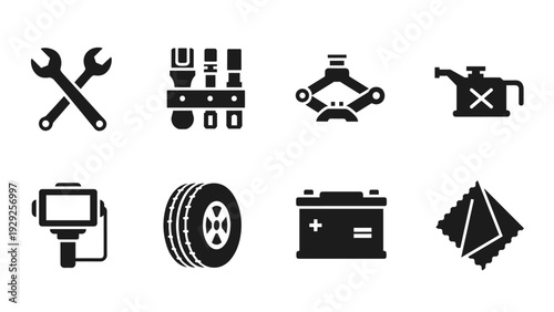 set of black car maintenance tools icons in simple flat style