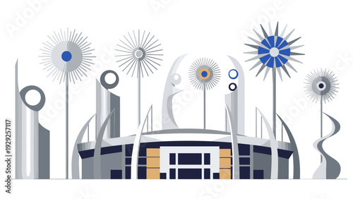 modern stadium with artistic sculptures and sunburst elements minimalist vector illustration