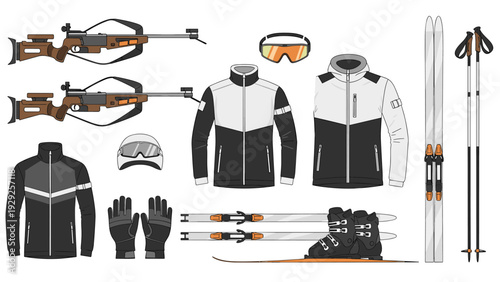 biathlon winter sport equipment set with rifles skis jackets gloves boots and accessories in hand drawn style