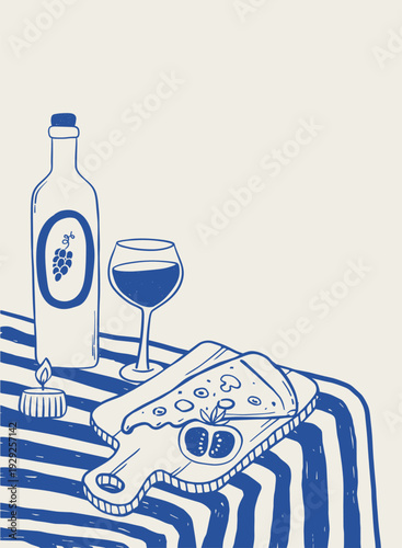 Retro wine and appetizers poster, banner, print in freehand technique, monochrome wall art decor. EPS 10