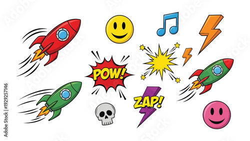 Pop Art Adventure: A vibrant collection of pop art elements, including rockets, emojis, musical notes, lightning bolts, and action words, creating a dynamic visual experience. 