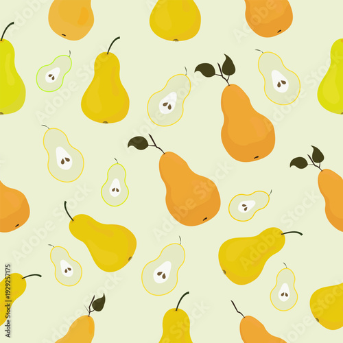 Seamless vector pattern with vibrant yellow pears on a pastel background