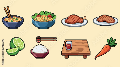 pixel art set of Asian food dishes and ingredients with hand drawn style collection