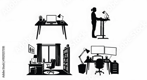 A woman working at a modern desk with a laptop and lamp in a home office