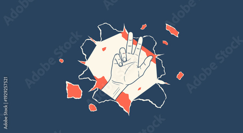 Stylized illustration of a hand making a peace sign breaking through a torn dark blue background, symbolizing freedom and protest.