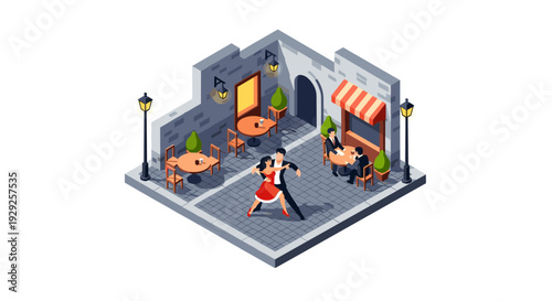 isometric outdoor cafe scene with dancing couple people sitting by tables street lamps and cafe building illustration
