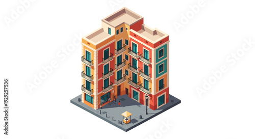 isometric colorful apartment building with balconies and street elements vector illustration