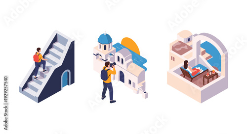 isometric set of tourists exploring architecture climbing stairs taking photos and relaxing on balcony in warm colors