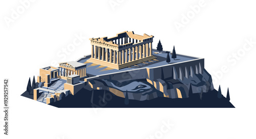 ancient parthenon temple on rocky hill illustration with classical architecture and stone columns in vector style