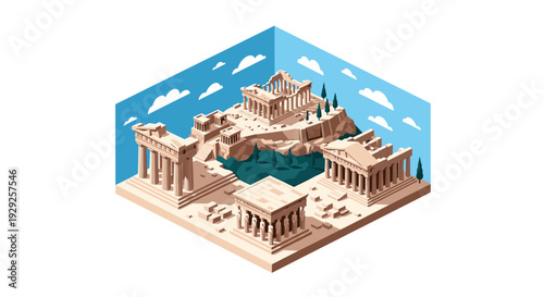 isometric ancient greek temples ruins architectural set flat design