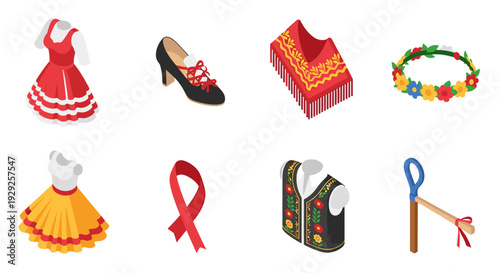 collection of traditional folk costumes and accessories with hand drawn style colorful illustration elements