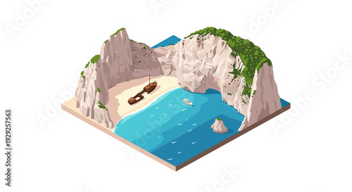 isometric shipwreck beach with cliffs cave and boat hand drawn landscape illustration