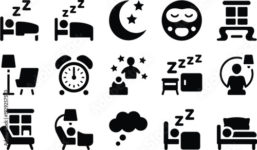 Black Sleep Icons Set with Bed, Moon, and Relaxation Symbols on White Background