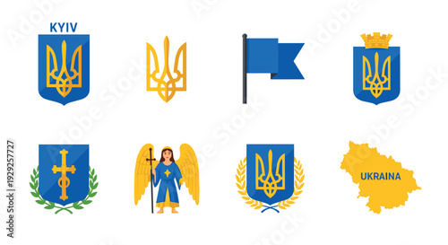 set of ukrainian symbols and icons including coat of arms flags angel and map in flat style for national identity design