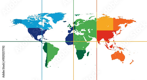 Colorful World Map Divided into Continents and Regions on White Background