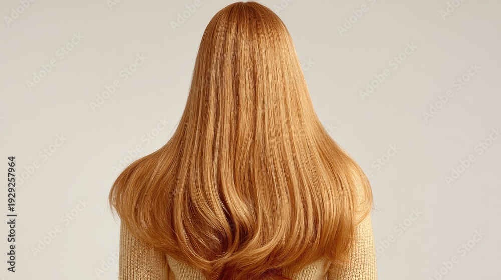 Fototapeta premium Back view of a woman with long silky straight blonde hair on a neutral background, hair care concept, professional salon results, healthy hairstyle.